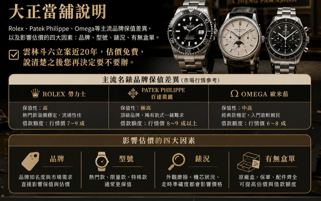 雲林名錶典當：哪些品牌最保值？估價重點一次說清楚｜大正當舖